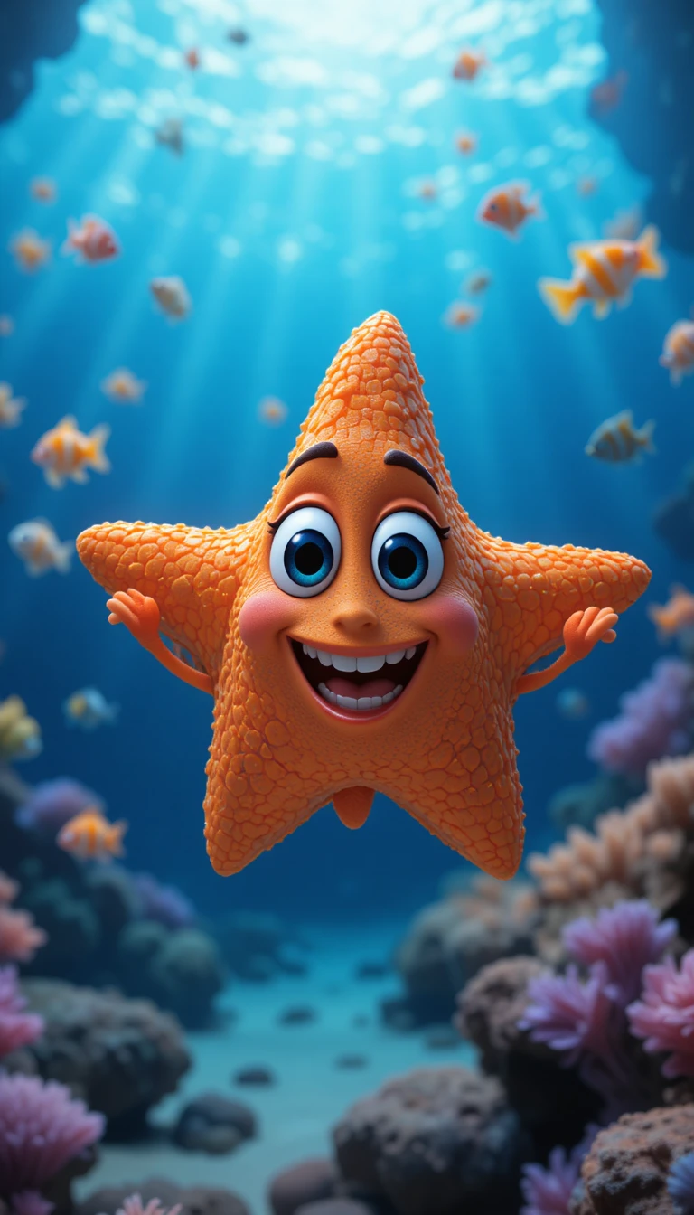 Cute 3D starfish character in a softly lit ocean scene