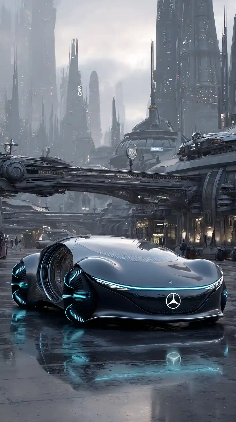 Futuristic Black Concept Car Hovering Above The City