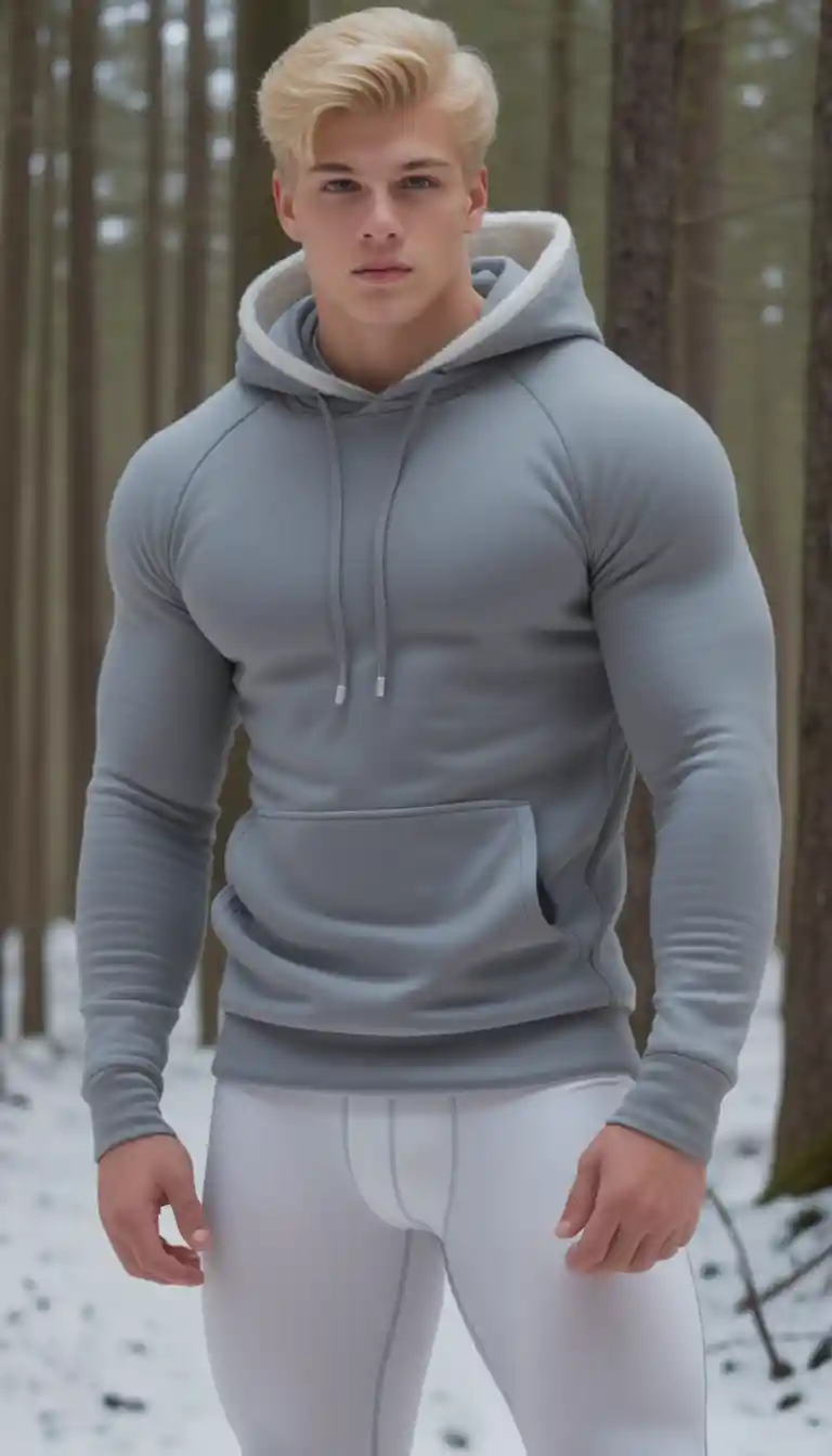 Young blonde man in winter tights in a snowy forest