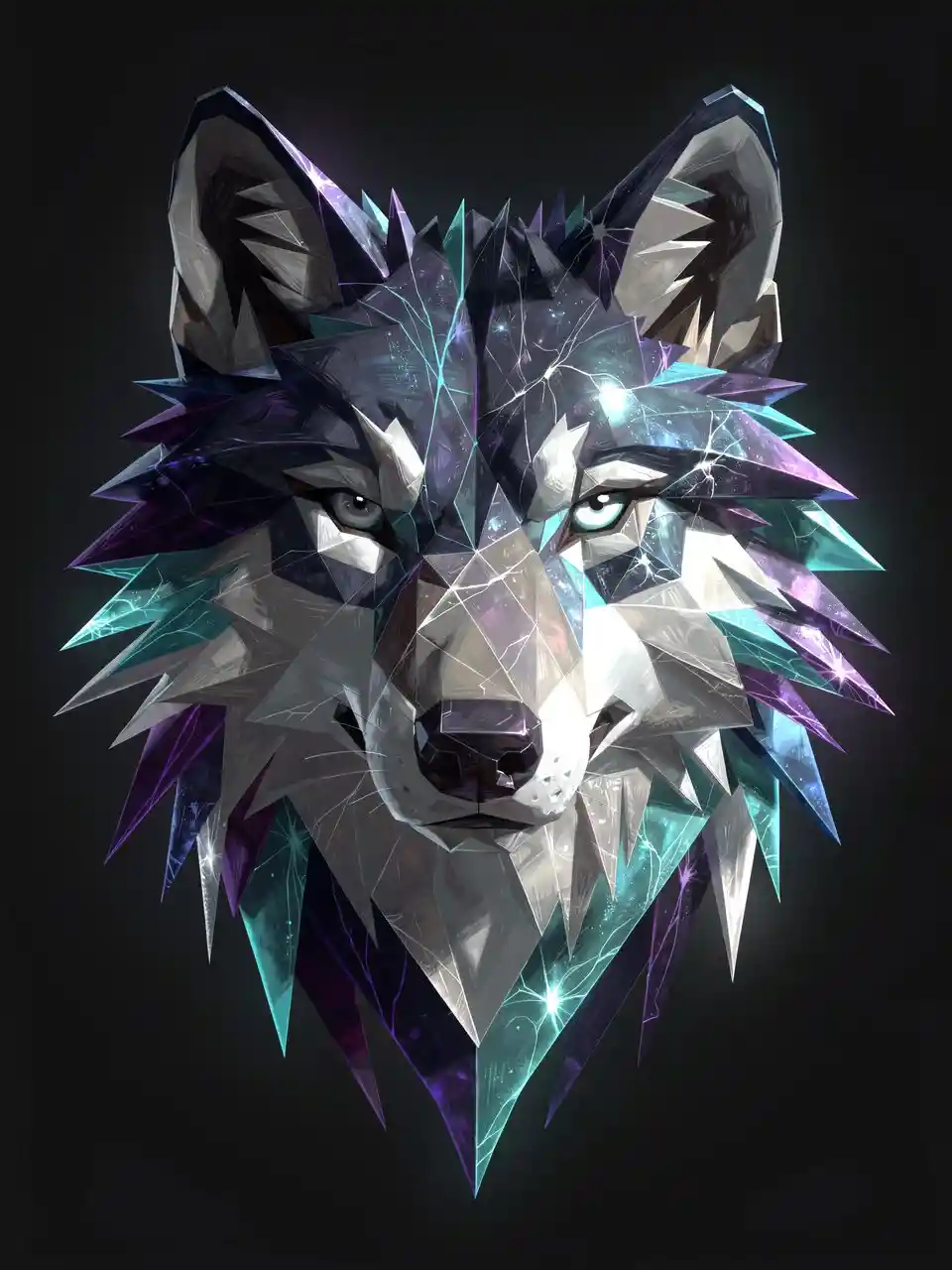 Abstract geometric wolf portrait with luminous crystal planes