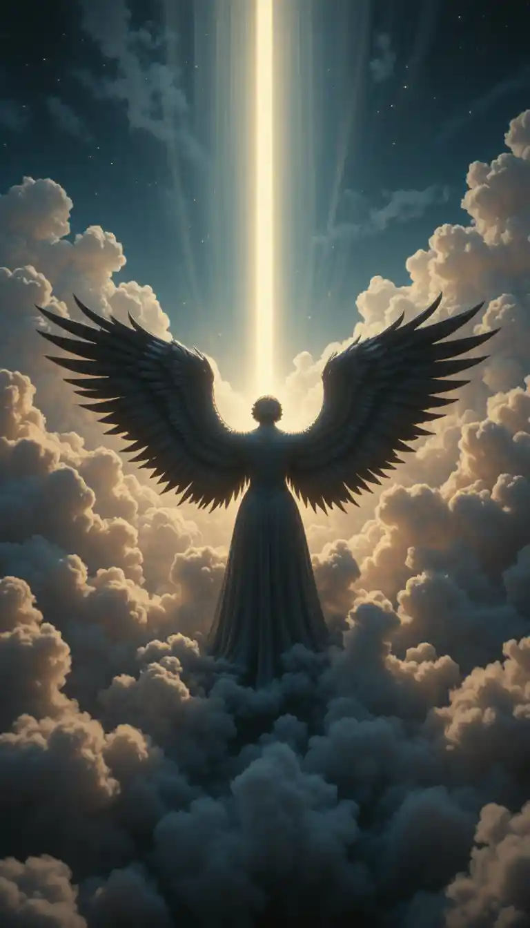 Winged ebony angel in dramatic backlit cloudy sky