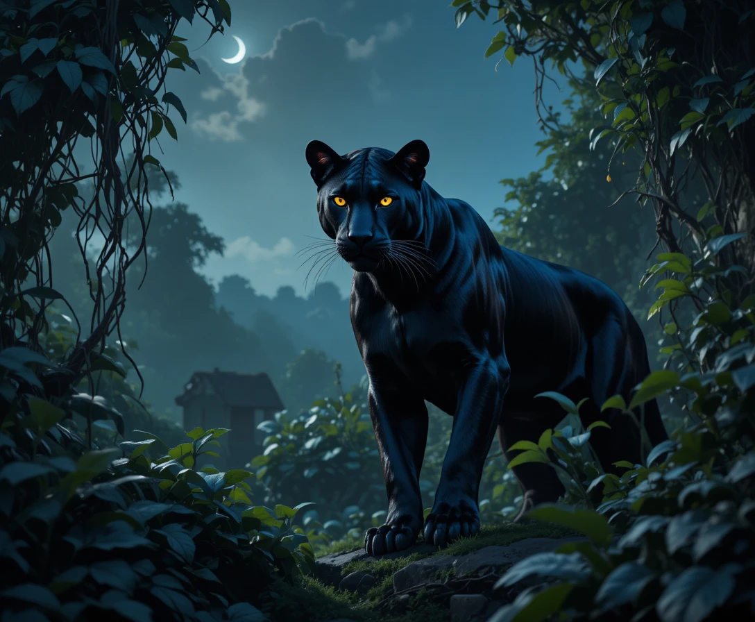 Black panther with glowing eyes in a moonlit jungle