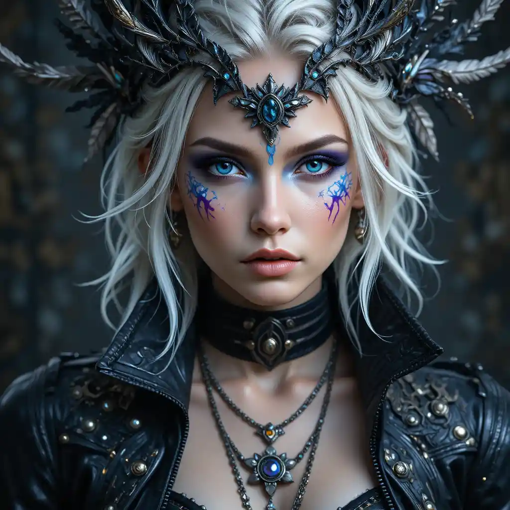 Fantasy woman portrait with blue eyes and ornate headpiece