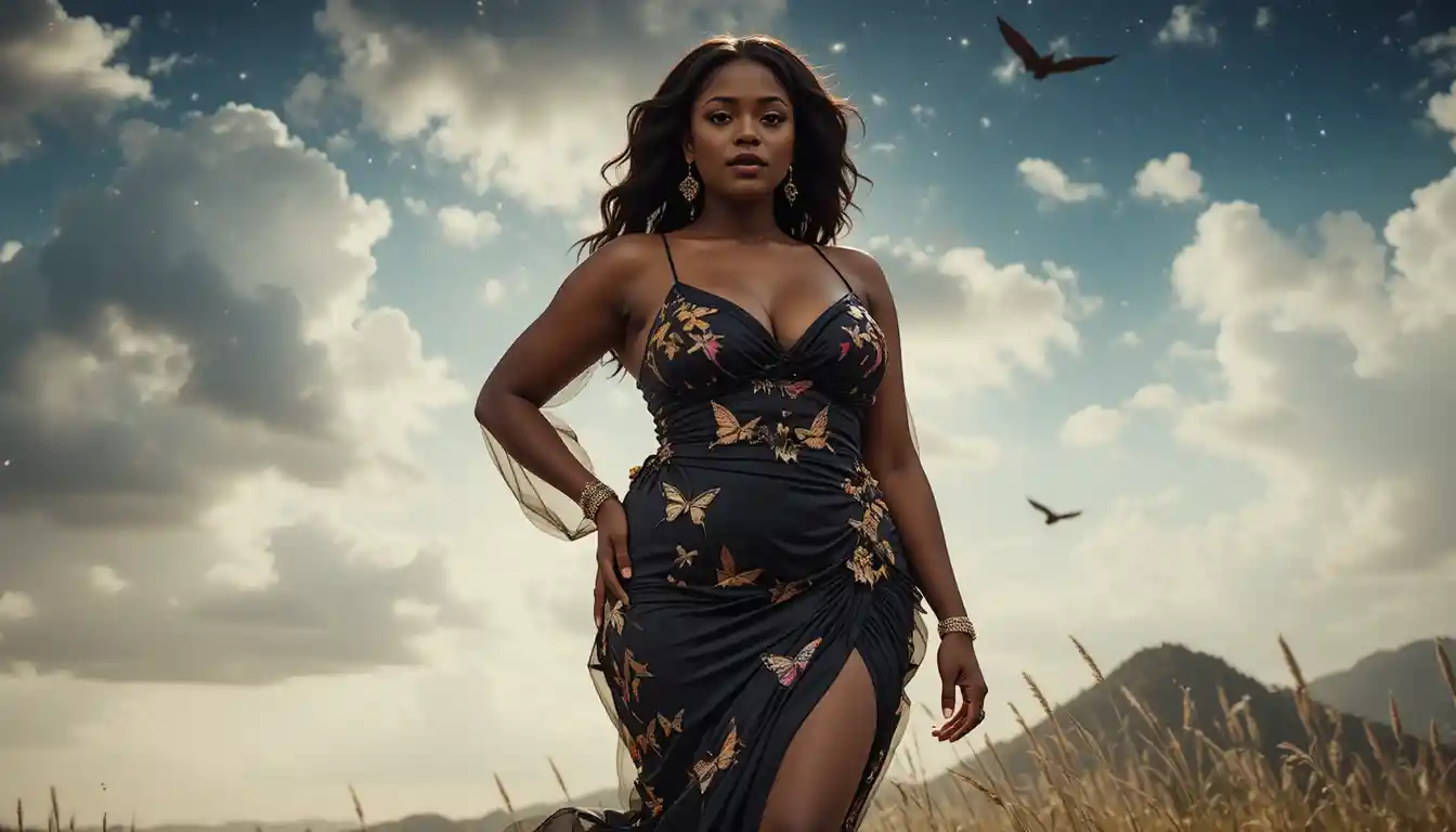 Femme africaine voluptueuse en robe papillon sexy sous les étoiles