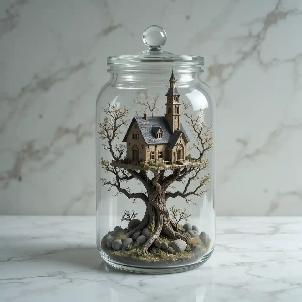 Miniature house and church in a glass jar on a tree