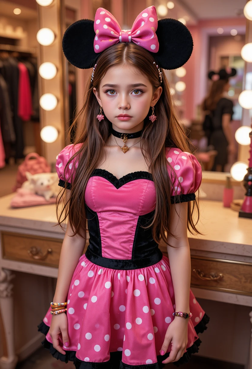 Niño preadolescente nervioso disfrazado de Minnie Mouse en una boutique