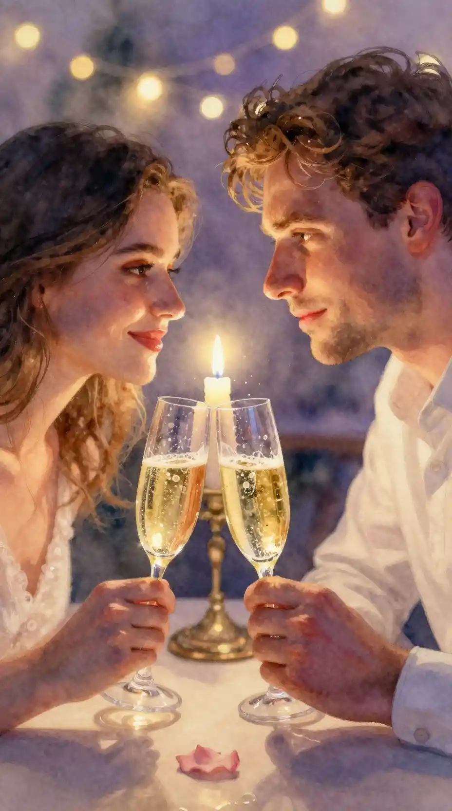 Romantic couple toasting champagne in soft candlelit watercolor