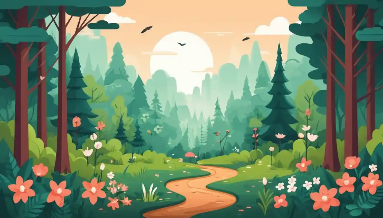 Flaches Waldmotiv mit Eichhörnchen und Wildblumen