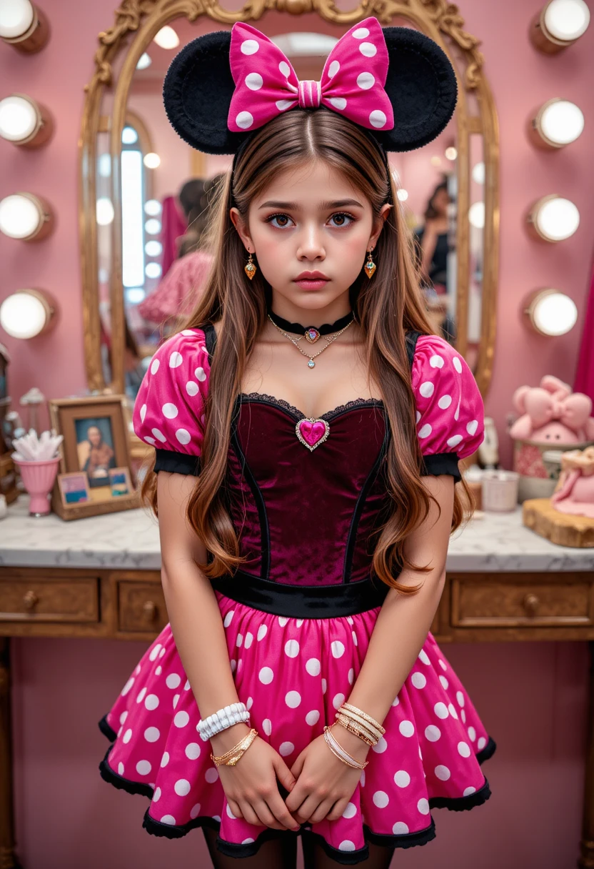 Niño preadolescente ansioso con disfraz de Minnie Mouse en tocador de boutique