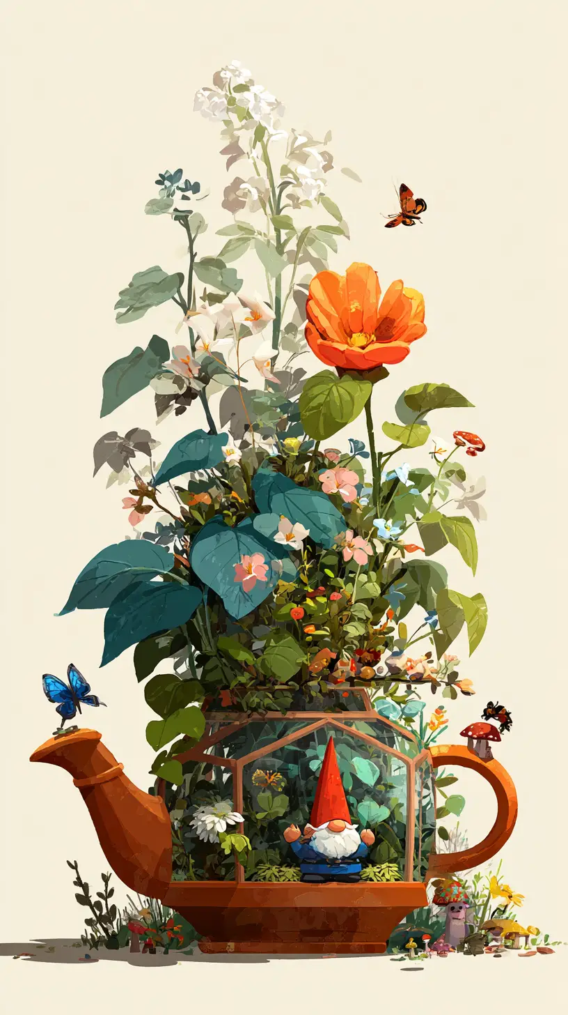 Teapot Greenhouse With Spring Blossoms And Curious Gnome