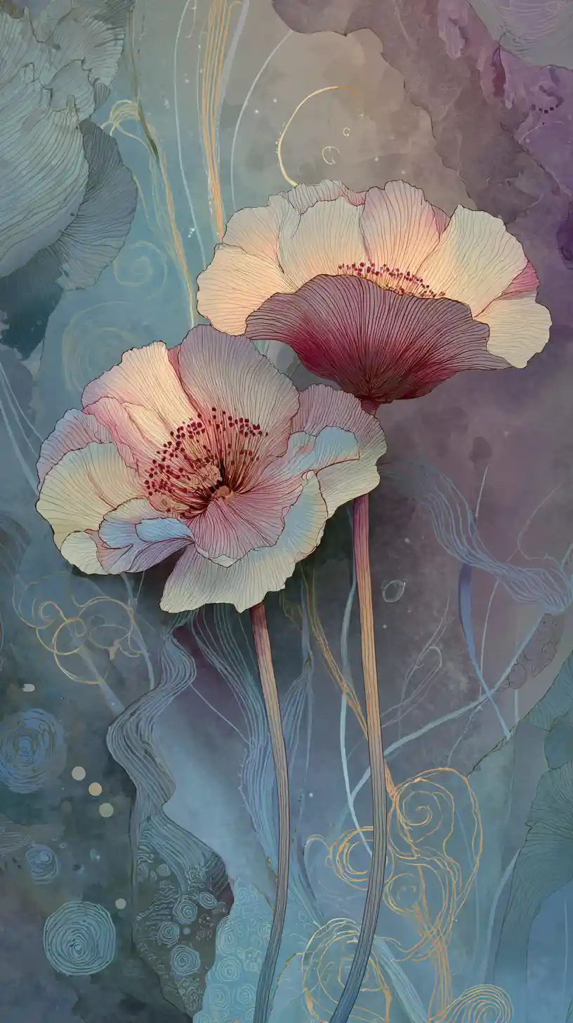 Zwei zarte Blumen, die sich in verträumter Fantasy-Kunst aneinander lehnen