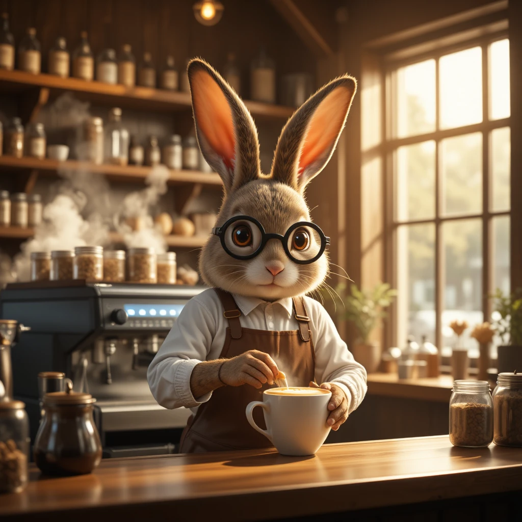 Conejo barista antropomórfico sirviendo latte art en una cafetería