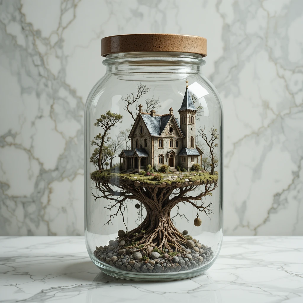 Casa e igreja em miniatura em um frasco de vidro sobre uma árvore