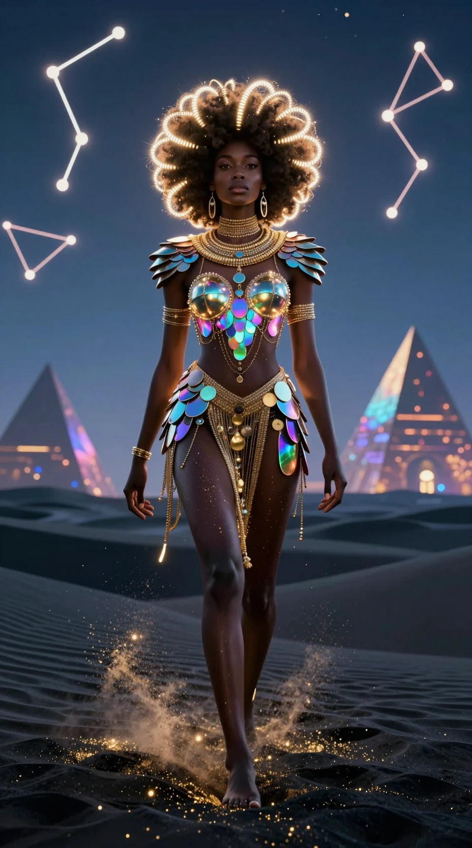 Emperatriz afrofuturista sobre dunas de vidrio negro reflectante en la noche