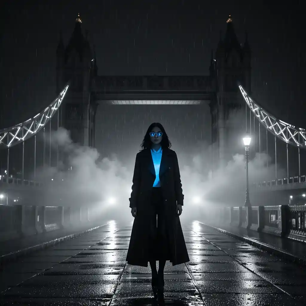 Femme fatale noir sous un pont de ville détrempé par la pluie la nuit