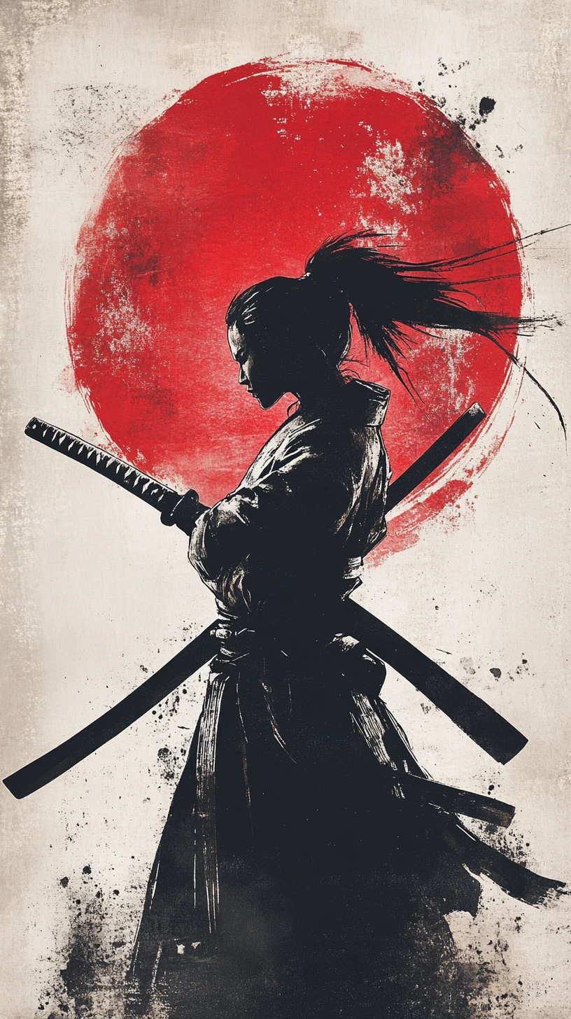 Female samurai silhouette raising katana before red sun