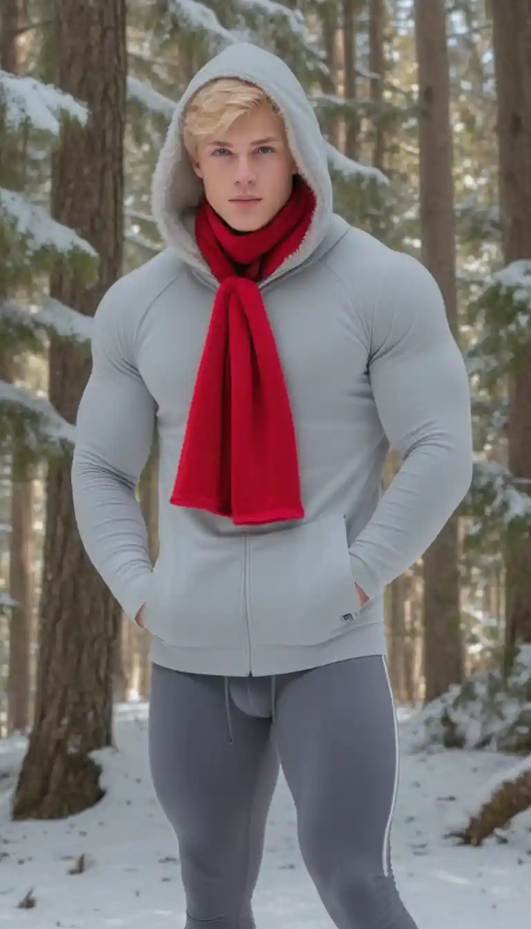 Young blonde man in tights in a snowy winter forest