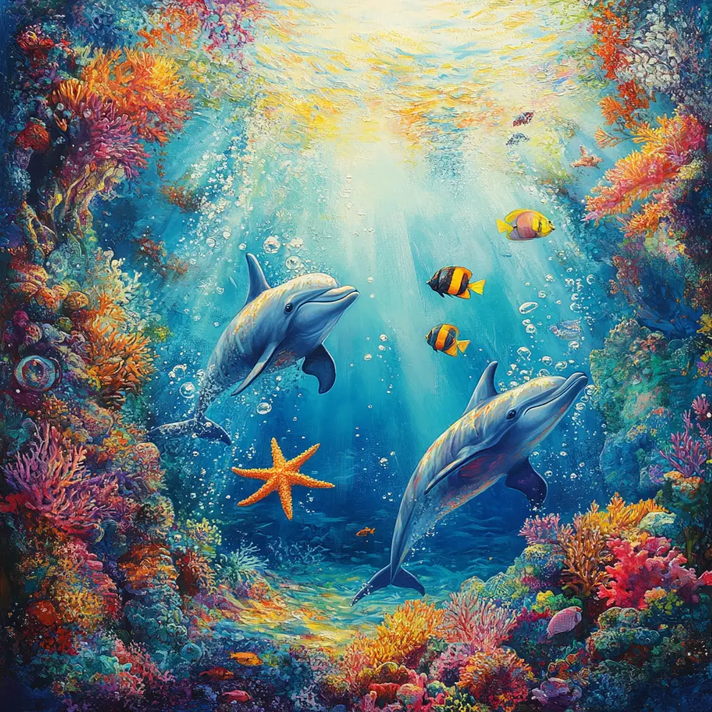 Playful dolphins in a colorful underwater coral world
