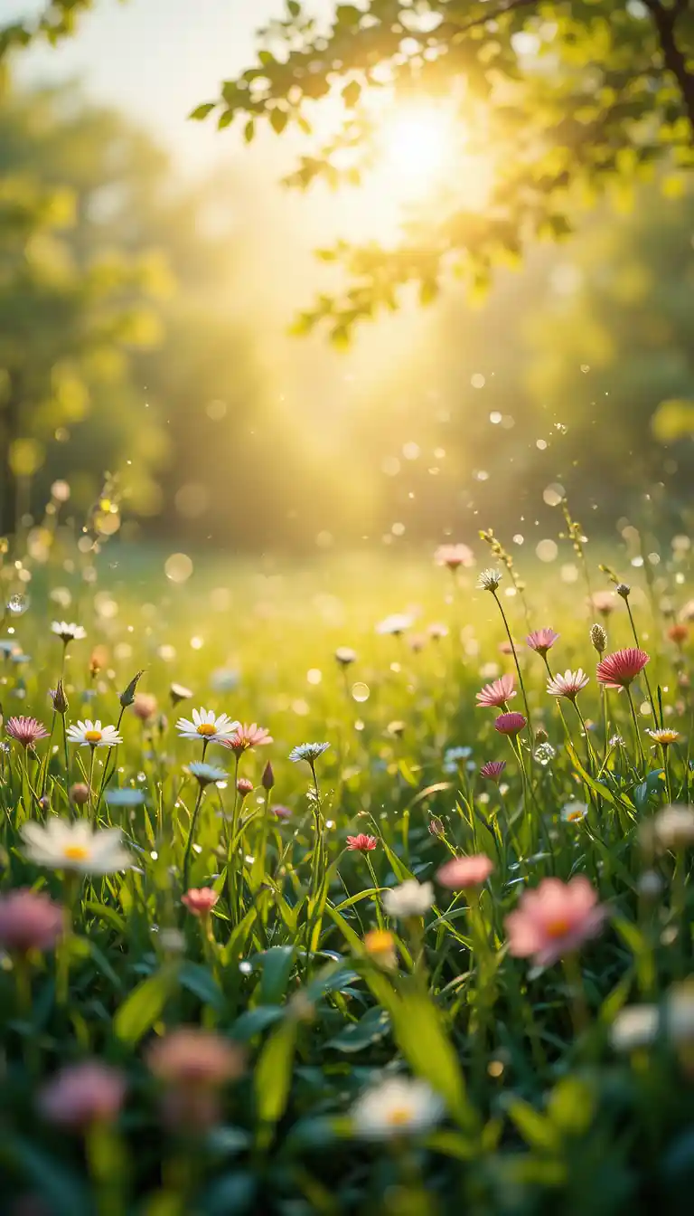 Sunlit spring meadow with sparkling dew and soft music