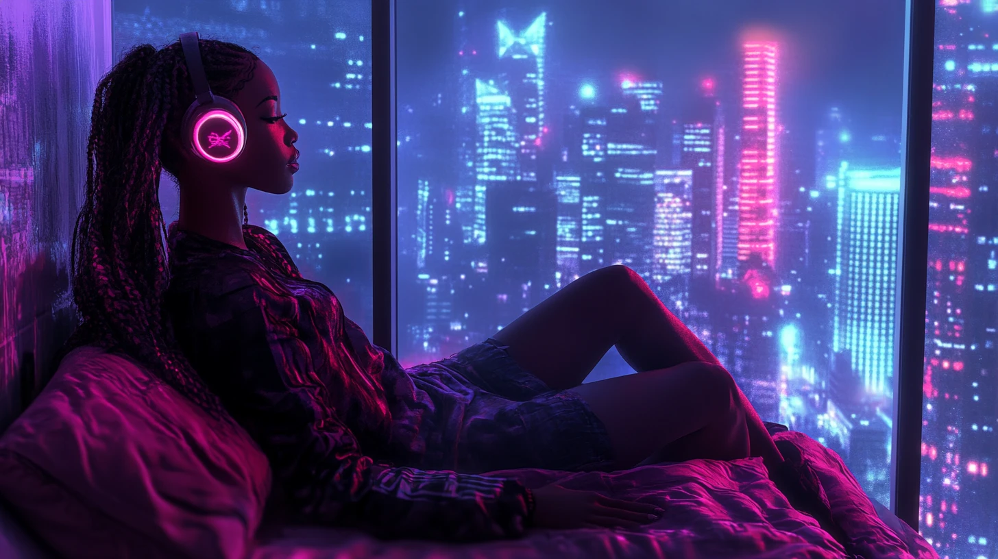 Afrofuturistic woman listening to music in neon city apartment