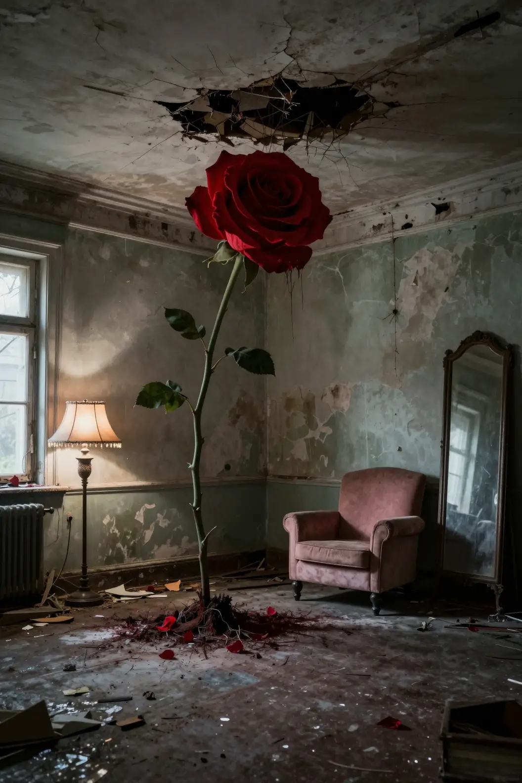 Giant Red Rose In Creepy Abandoned Room Interior