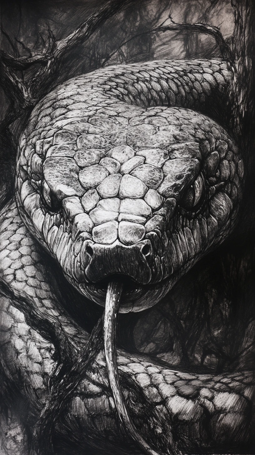Retrato surrealista en carbón de una serpiente con mirada enigmática