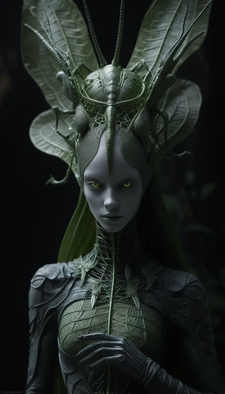 Dark alien fairy woman in organic biomechanical crown