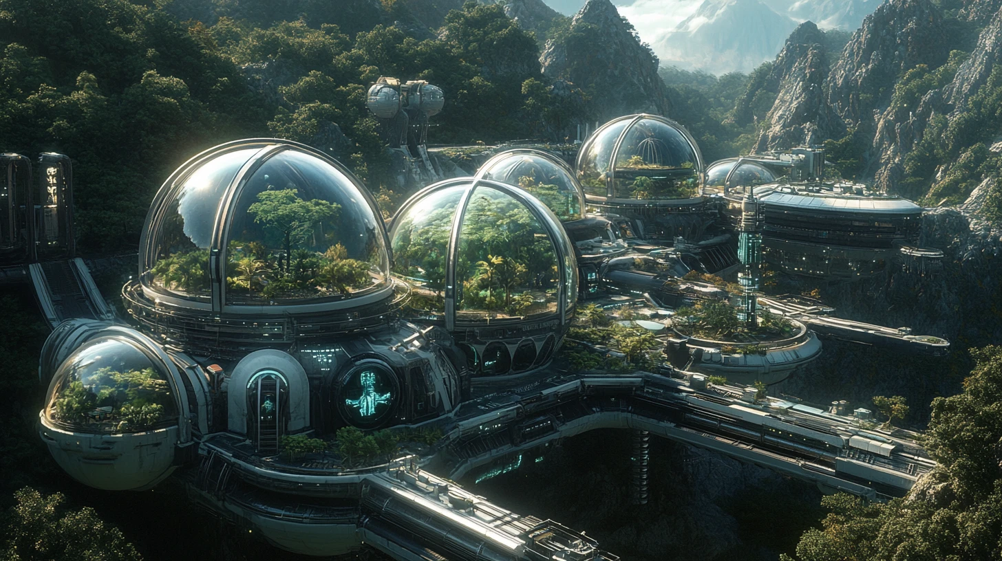 Colossal generational spaceship carrying domed ecosystems in space
