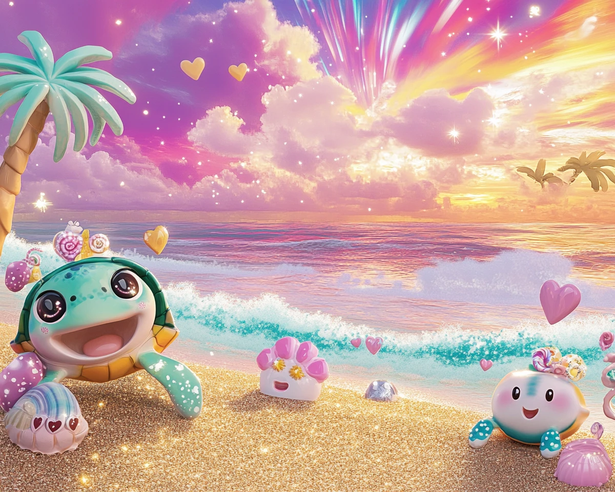 Kawaii anime sea turtles playing on a sparkling sunset beach