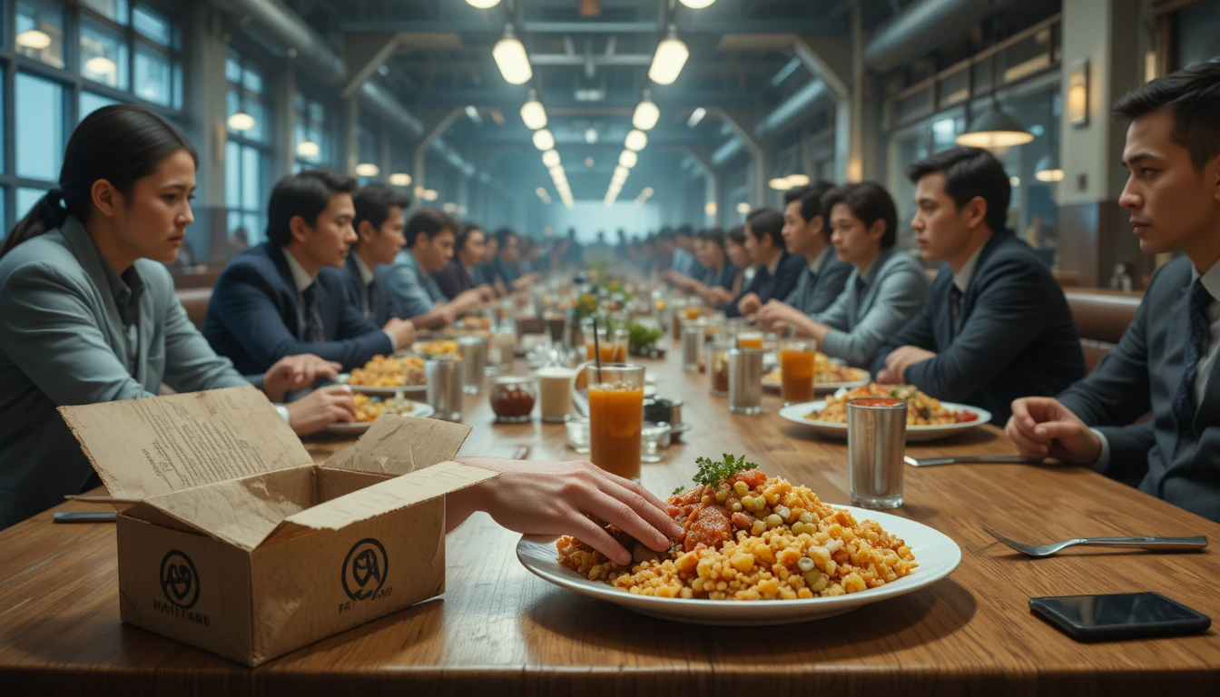 Businessman Pauses Over Simple Meal In Industrial Restaurant