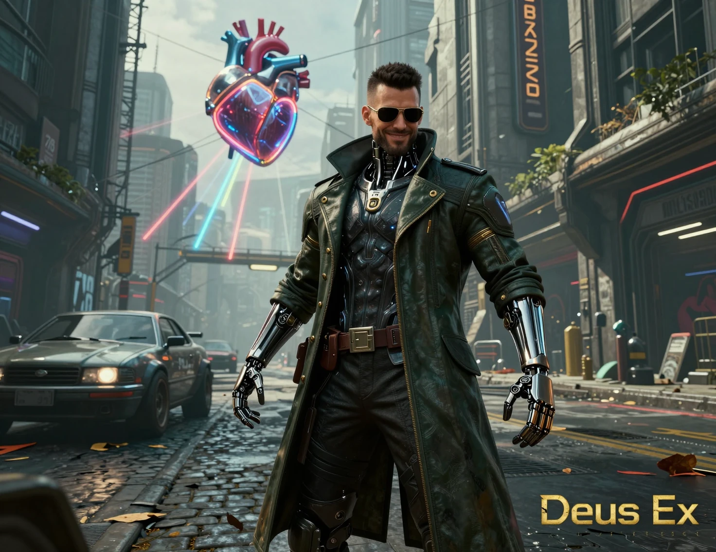 Augmented Detective In Cyberpunk Street With Floating Neon Heart