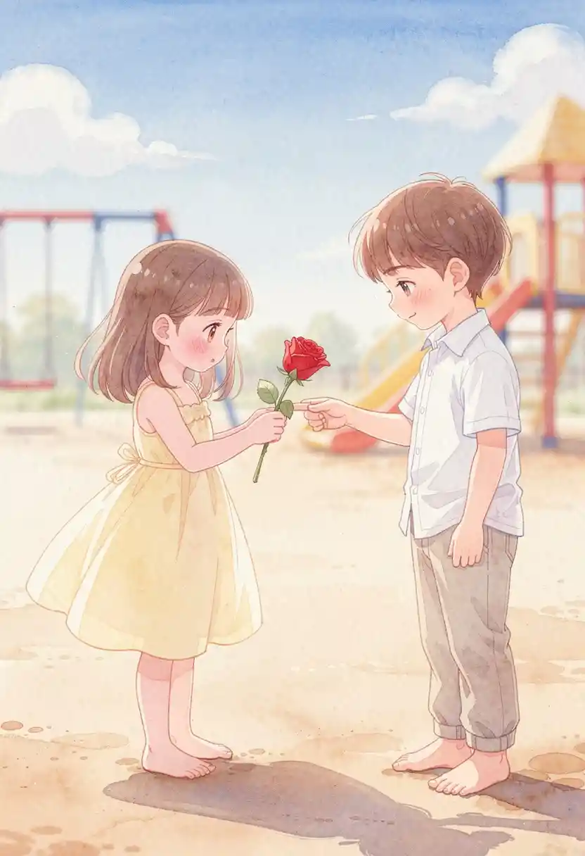 Niño tímido ofreciendo una rosa roja a una niña sonrojada en el parque infantil