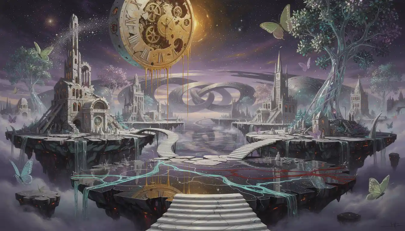 Surreal Landscape Of Floating Islands In A Violet Void