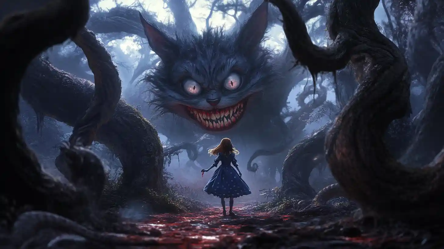 Girl walking through a dark haunted forest of twisting trees