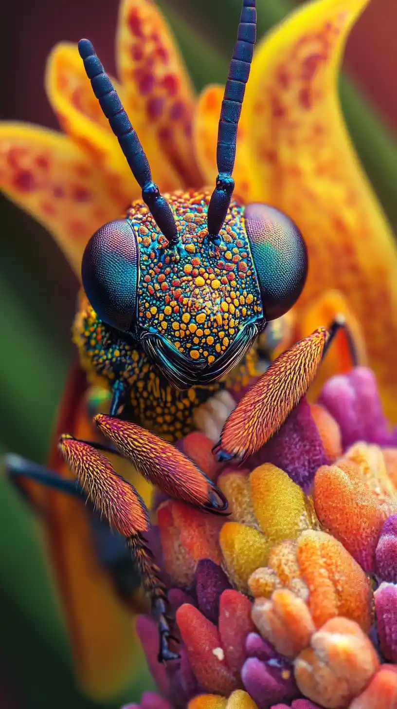 Avispa cuco colorida en macro sobre el estambre de una flor exótica