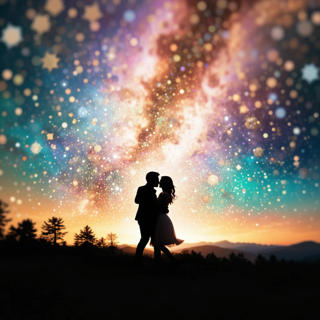 Pareja en silueta besándose bajo un cielo cósmico lleno de estrellas