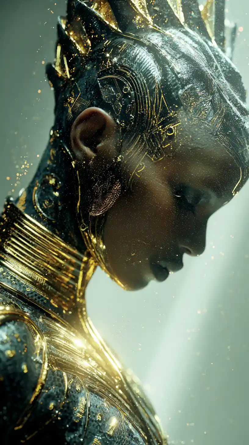 Afrofuturistic empress forming from radiant golden light