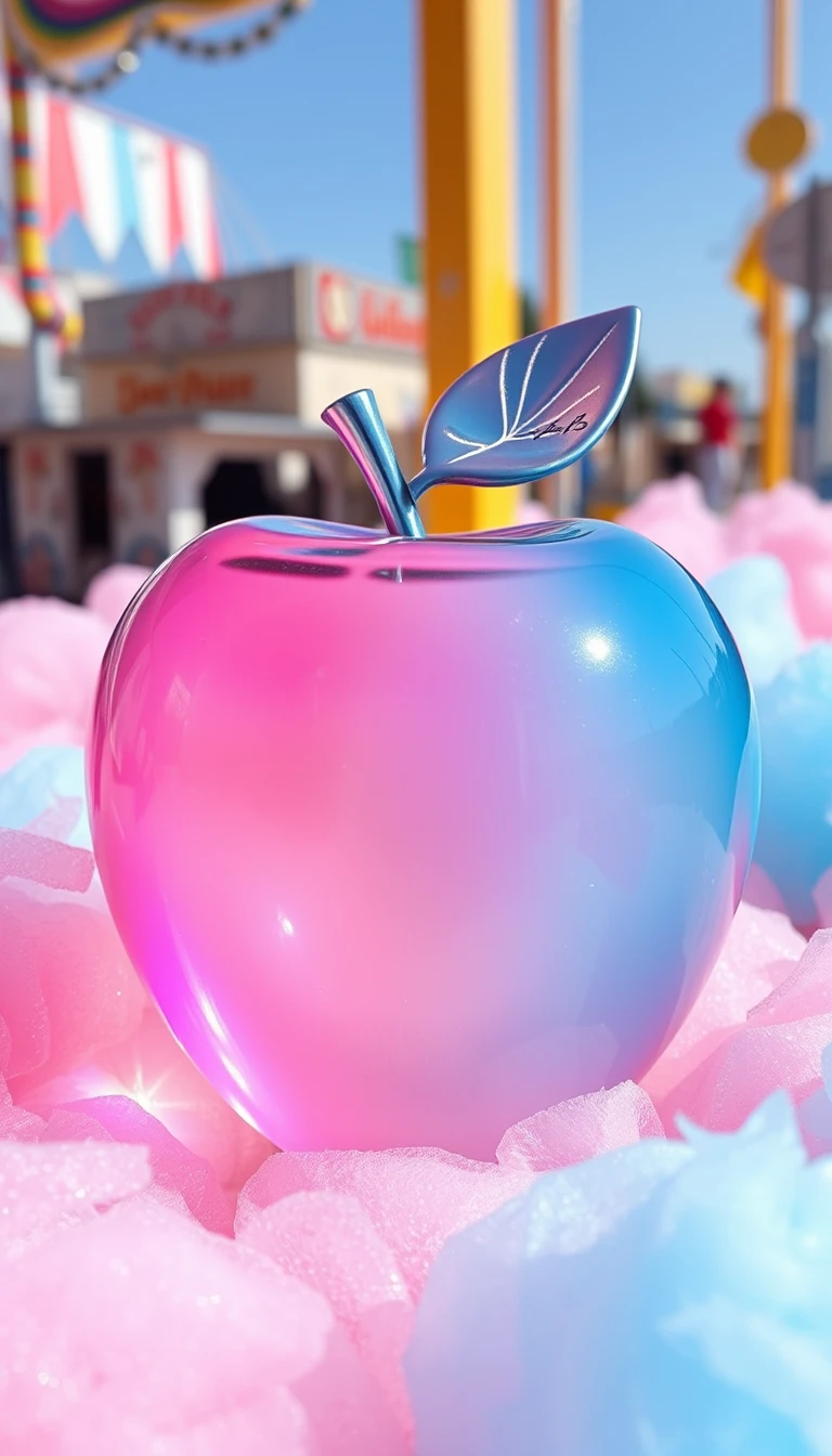 Glass candy apple on pastel cotton candy at summer fair