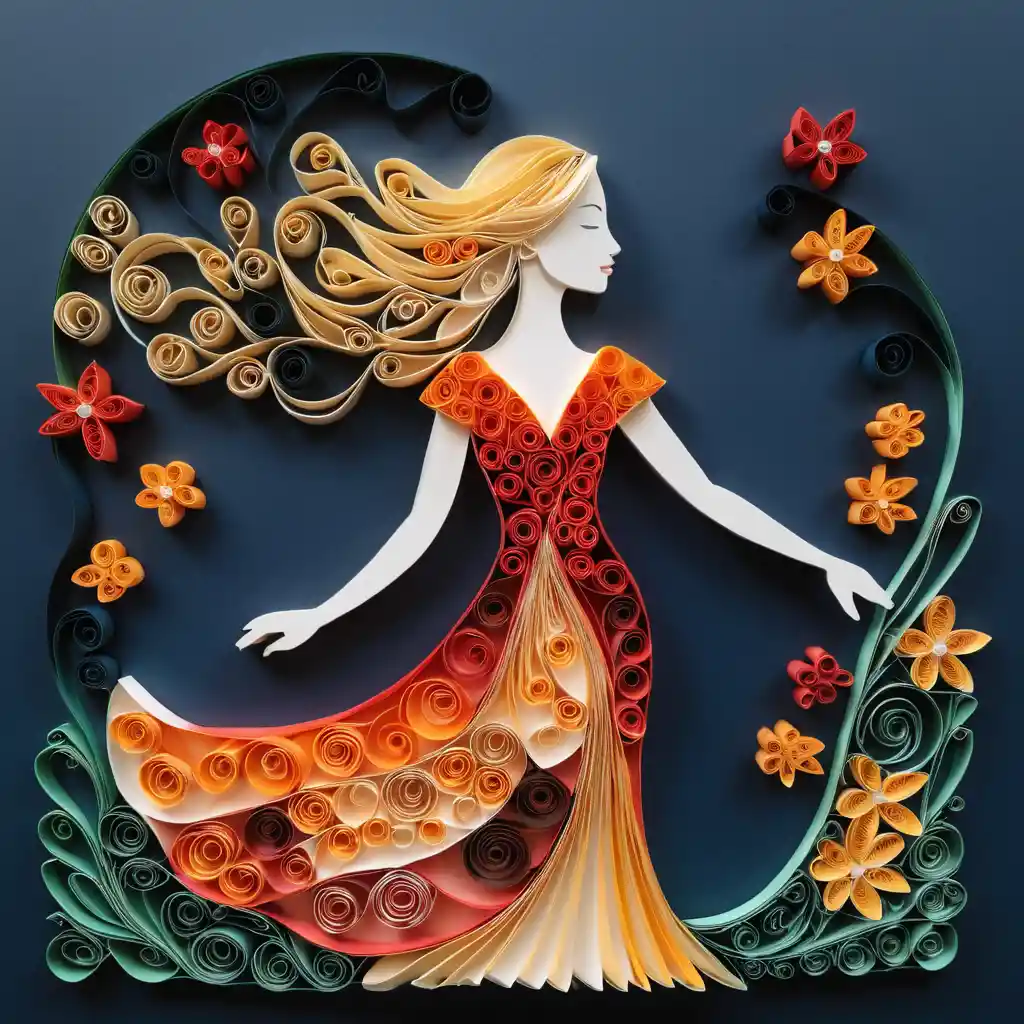 Paper quilling fantasy woman with flowing golden hair