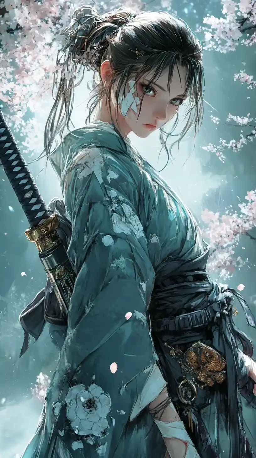 Samurai woman with mechanical arm in floral anime illustration