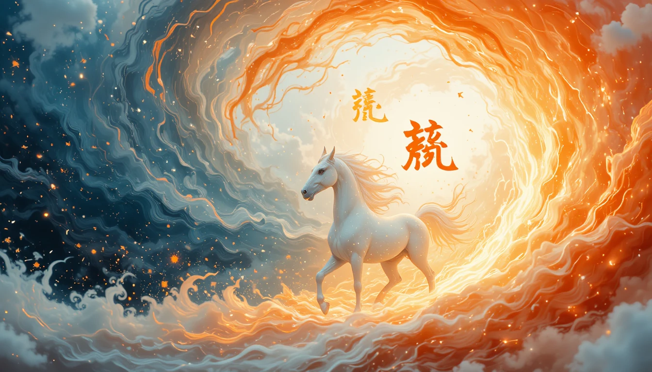 White horse before a swirling cosmic vortex of fire and stars