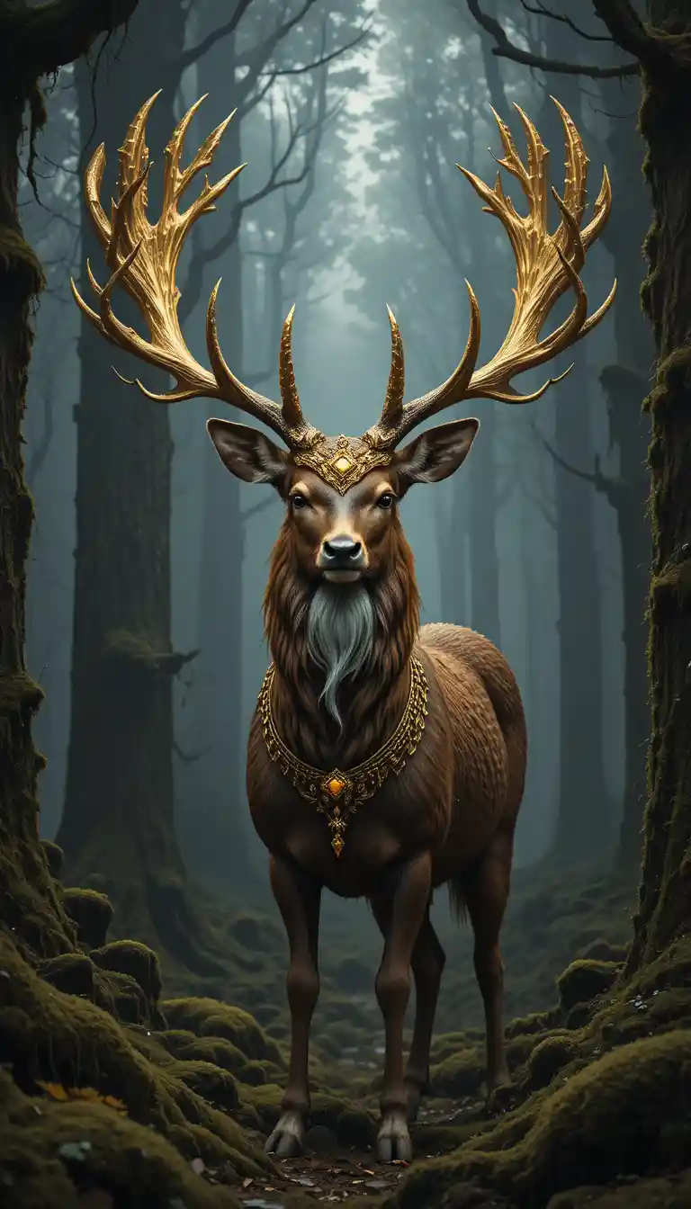 Majestic deer with golden antlers in a misty forest