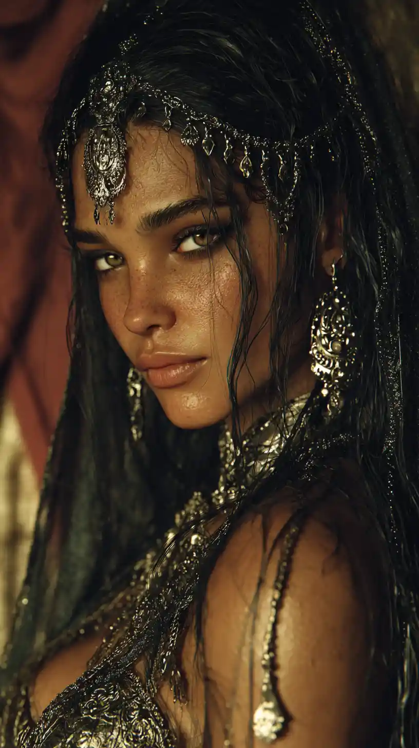 Mysterious woman in ornate middle eastern jewelry portrait