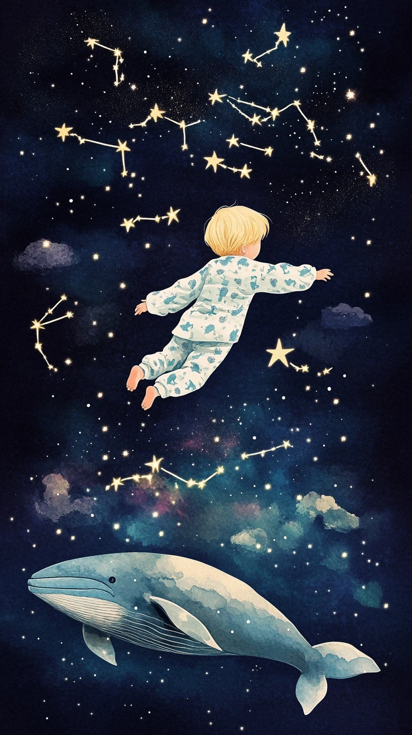 Child sleepwalking through stars above gentle cosmic creatures