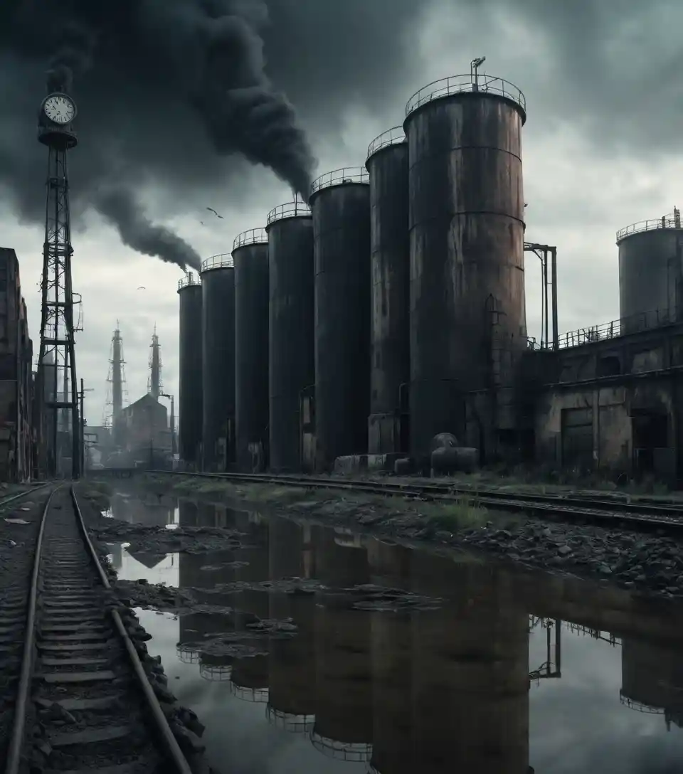 Spooky clock towers over glass silos in industrial railyard