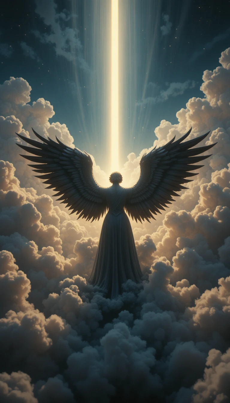 Winged ebony angel in dramatic backlit cloudy sky