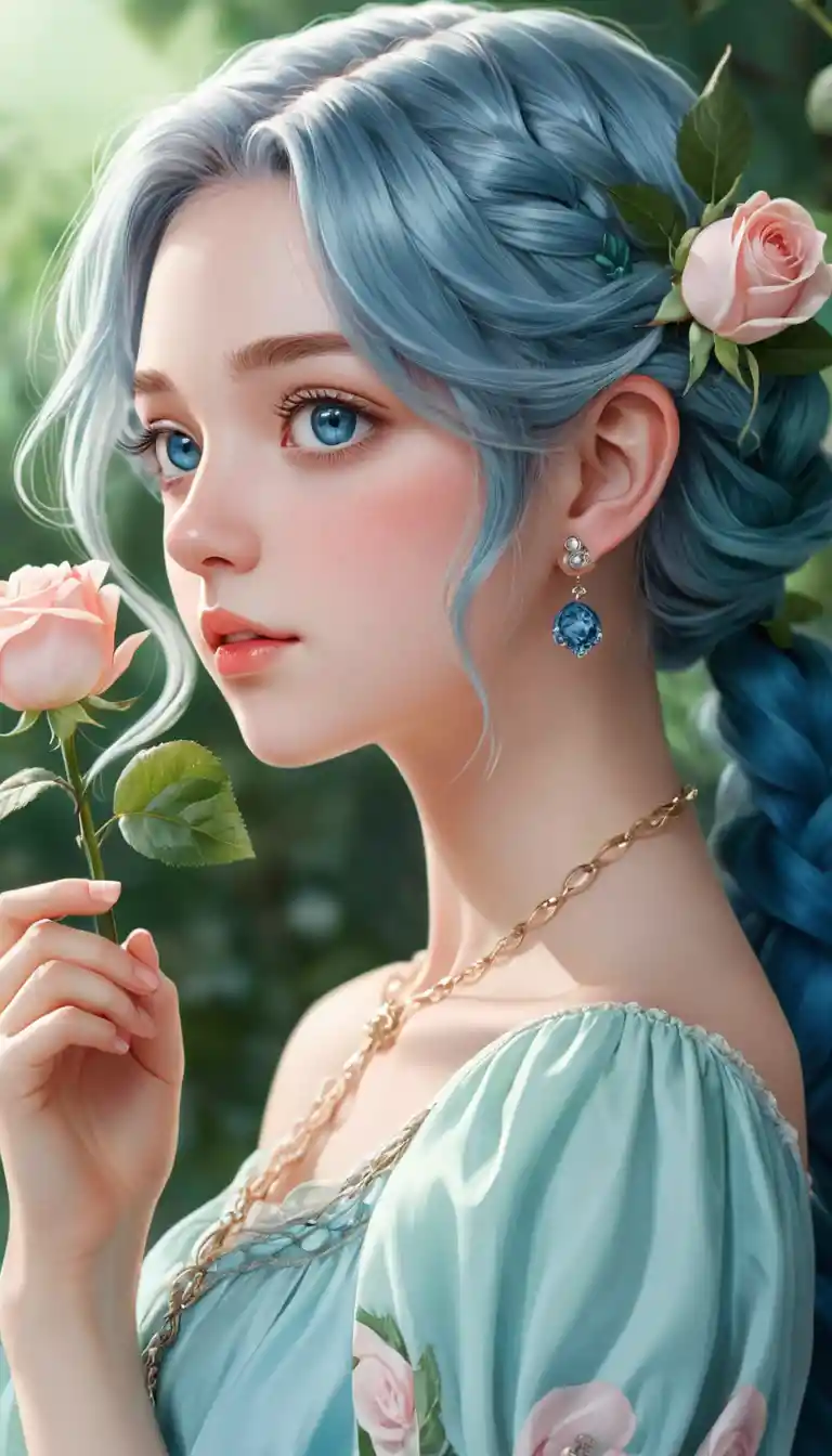 Anime girl with blue hair holding a blue rose