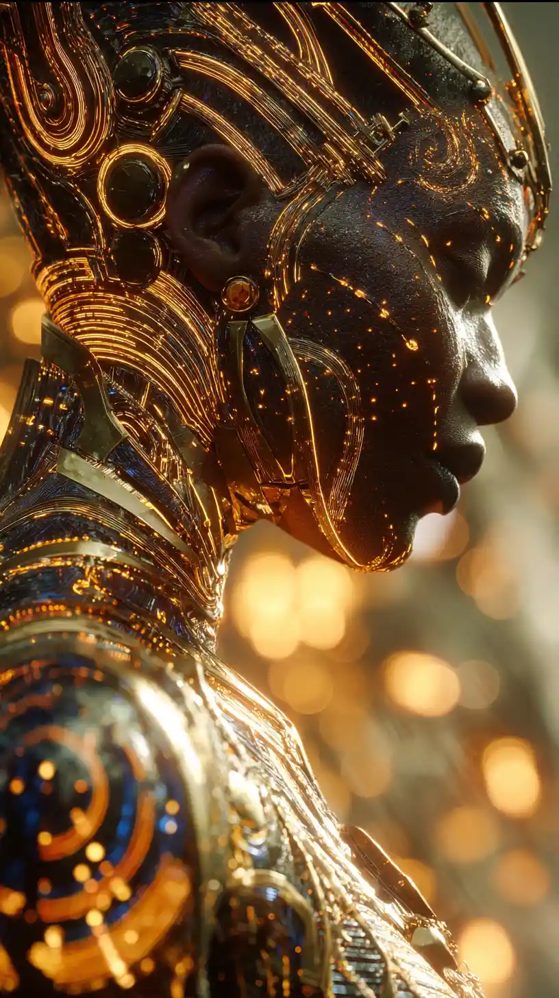 Afrofuturistic light forged empress with glowing circuitry