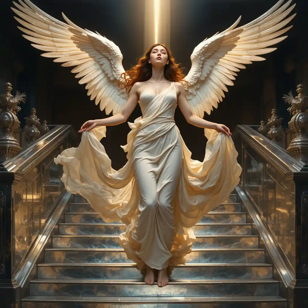 Celestial Korean seraph descending a luminous metal stairway