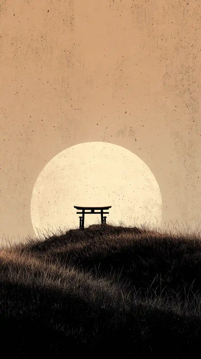Solitary Torii Gate Against A Vast Pale Full Moon